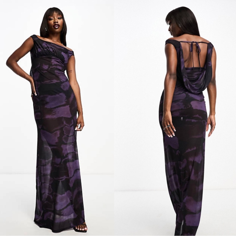 ASOS Design long dress bardotsheer purple black maxi low draped sexy back size 6